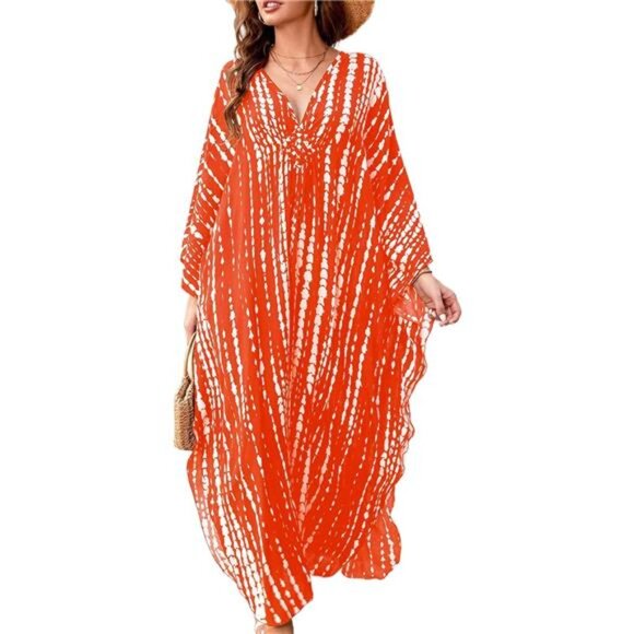 Kaftan Dresses for Women V-Neck Batwing Sleeves Swimsuit Beach Cover Ups Tie - Picture 1 of 6